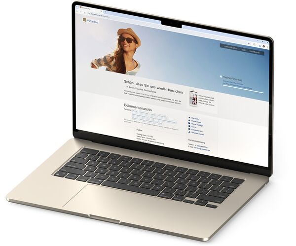 Geöffnetes Notebook mit dem Anmeldefenster für "MeineVicuritas" schräg nach rechts gestellt